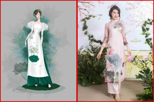 áo dài vẽ tay hoa sen