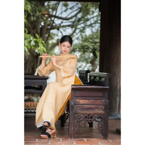 Áo Dài Nữ Thiên Di, Áo Dài May Sẵn 4 Tà Cổ Cao Đủ Size Cao Cấp Sang Trọng, Quần Lưng Chun - Hình ảnh 2
