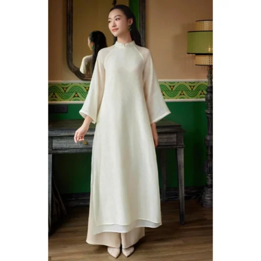 Áo Dài Nữ Thiên Di, Áo Dài May Sẵn 4 Tà Cổ Cao Đủ Size Cao Cấp Sang Trọng, Quần Lưng Chun - Hình ảnh 5