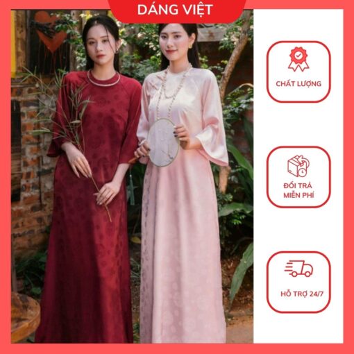 Áo Dài Truyền Thống Lụa Gấm May Sẵn Dáng Suông Cổ Tròn Đính Cúc Nổi Nhẹ Nhàng Duyên Dáng Đẹp
