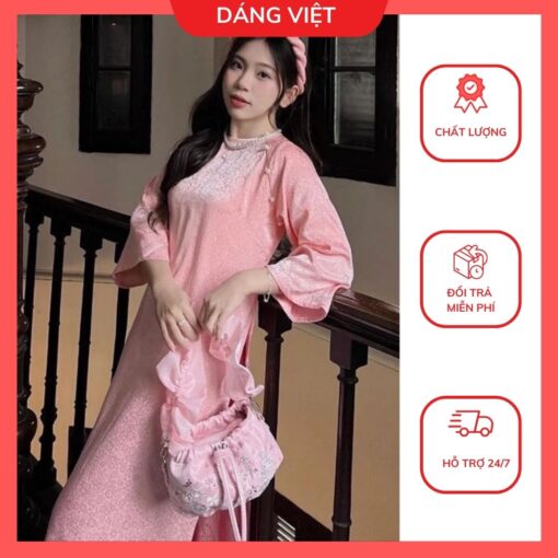 Áo Dài Cách Tân Lụa Gấm Hồng May Sẵn Dáng Suông Cổ Tròn Đính Trai Nổi Bật Cá Tính Siêu Đẹp