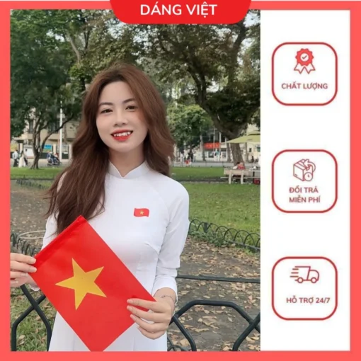 Áo Dài Trắng  Truyền Thống Dáng Việt Thêu Cờ Đỏ Sao Vàng Ngày Lễ Giải Phóng