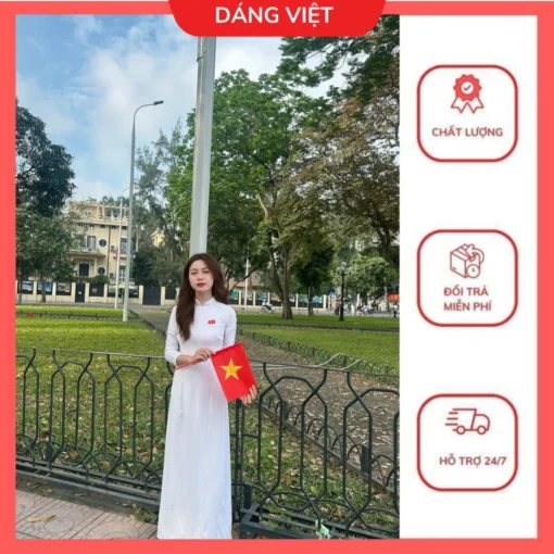 Áo Dài Trắng  Truyền Thống Dáng Việt Thêu Cờ Đỏ Sao Vàng Ngày Lễ Giải Phóng - Hình ảnh 3