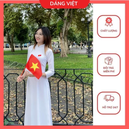 Áo Dài Trắng  Truyền Thống Dáng Việt Thêu Cờ Đỏ Sao Vàng Ngày Lễ Giải Phóng - Hình ảnh 2