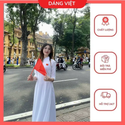 Áo Dài Trắng  Truyền Thống Dáng Việt Thêu Cờ Đỏ Sao Vàng Ngày Lễ Giải Phóng - Hình ảnh 4